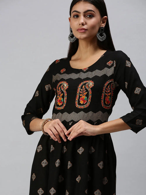 Women's Black Printed Straight Kurta-CR2229-Black