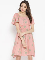 Boat neck Flare yoke with side tie up mini dress in Dusty Pink