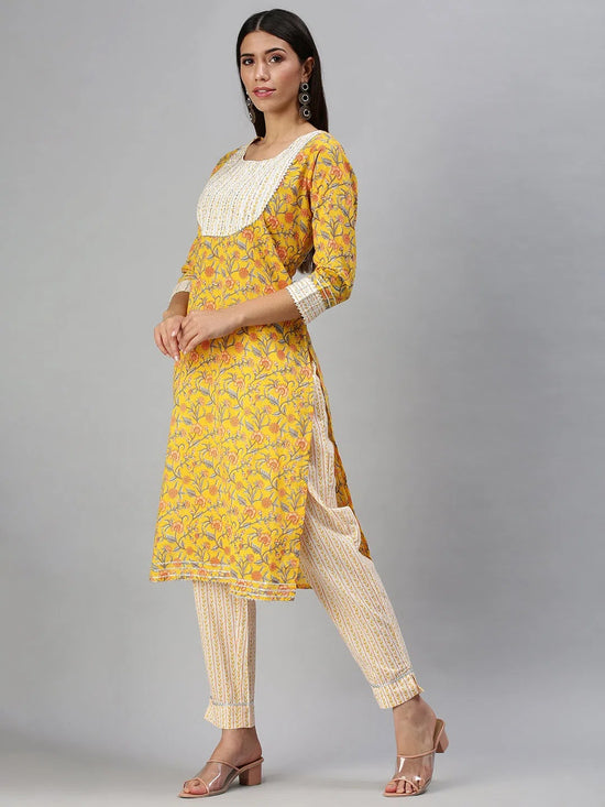 Women's Yellow Printed Kurta Sets-SS365-Yellow