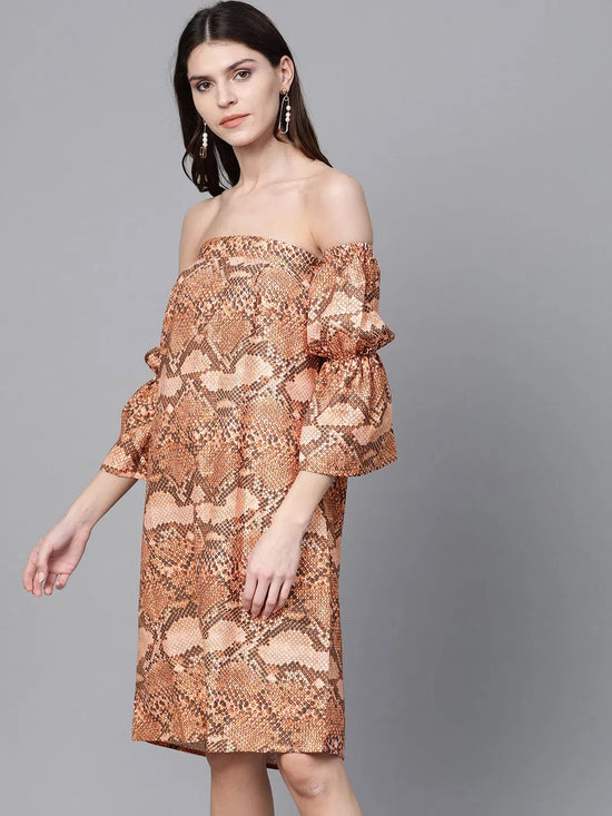 Brown Snake Print Bardot Shift Dress