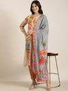 Women Straight Beige Floral Kurta and Trousers Set Comes With Dupatta-UB-2876-Beige