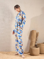 Women Blue Floral Notch Collar Shirt With Flared Pants