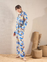 Women Blue Floral Notch Collar Shirt With Flared Pants