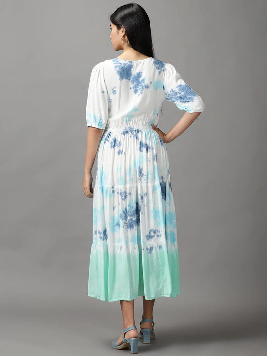 Women's White Tie Dye Fit and Flare Dress-ON-605-Whitenavyblue