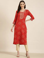 Women Red Printed Straight Kurta-AT-A900-K-Red