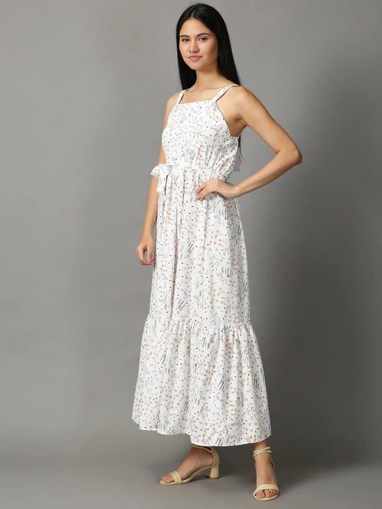 Women's White Printed Fit and Flare Dress-AE-15665-White