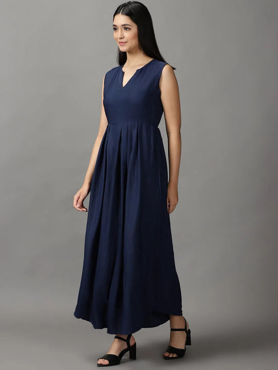 Women's Navy Blue Solid Fit and Flare Dress-AE-15750-Navyblue