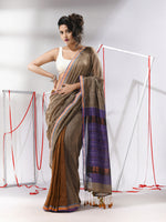 Ecru Cotton Saree With Sequine Work And Zari Stripe Pallu-MA55CT06520125