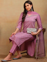 Ahika Women Lavender Silk Blend Embroidered Straight Kurta Pant Set With Dupatta-PKSKD2310_XS