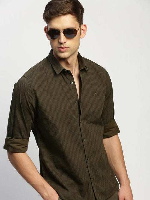 Men Green Striped Shirt-HEPTAGON-1780-Olive