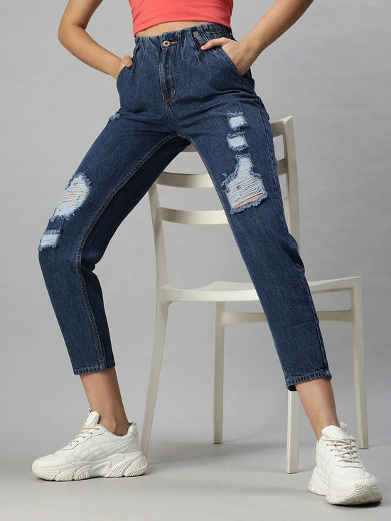 Women's Denim Mom Fit Navy Blue Jeans-GZ5008-Navyblue