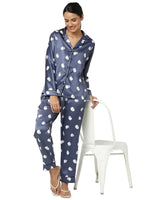 Smarty Pants Women's Silk Satin Dark Blue Color Ghost Print Full Sleeves Night Suit