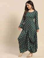 Bell Sleeve Long dress with front drape in Bottle Green