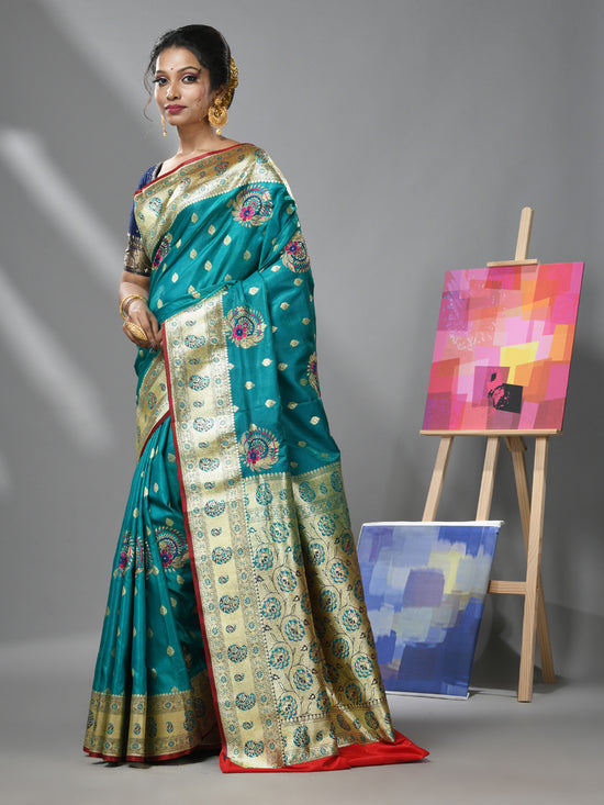 Teal Silk Banarasi Saree With Ethnic Motifs And Woven Designs-MA52BSL44910103