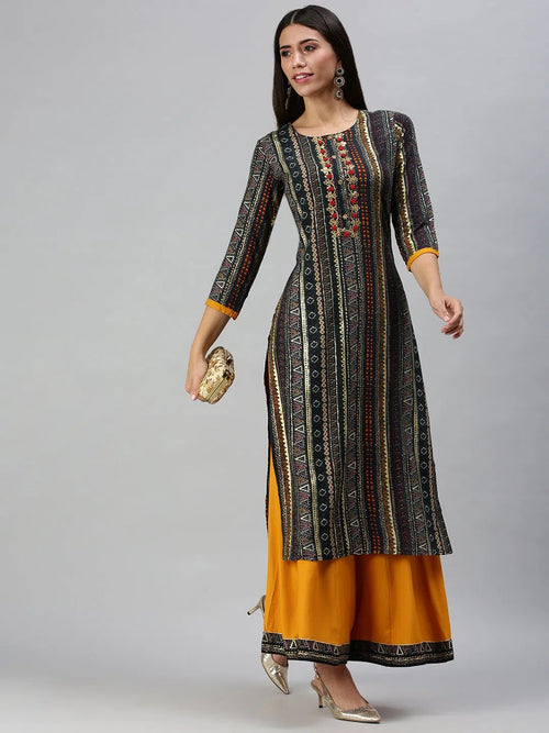 Women's Blue Printed Kurta Sets-GW1105-Navyblue