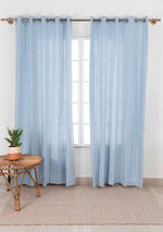 Gingham Woven 100% cotton geometric curtain for living room - Room darkening - Powder Blue - Pack of 1-230822166