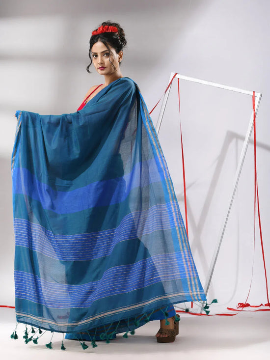 Peacock Blue Cotton Saree With Zari Stripes Pallu-MA55CT06520030