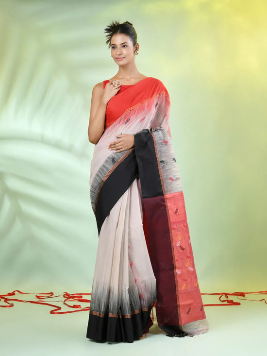 Ecru Cotton Ikat Saree With Ganga Jamuna Border-MA66BCT431380074