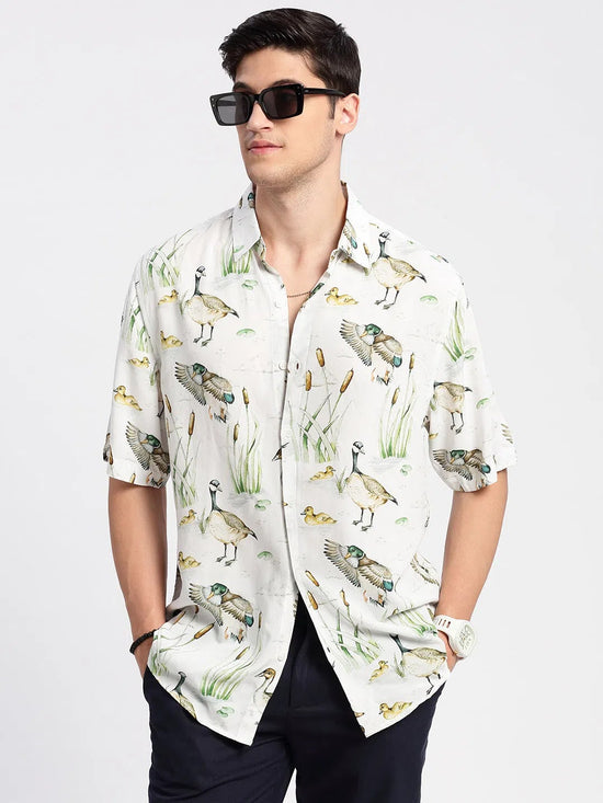 Men Spread Collar Animal Off White Casual Shirt-ZEPTO-2223-Offwhite