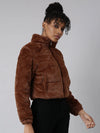 Women Solid Brown Puffer Jacket-202310-Brown