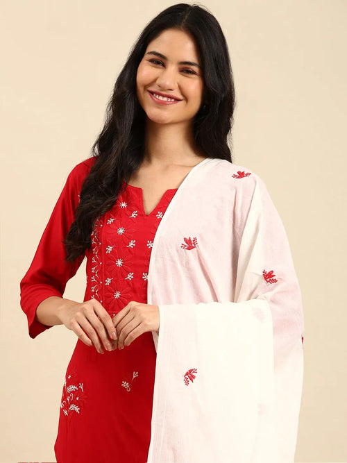 Women's Red Embroidered Kurta Set-FS-174-Red