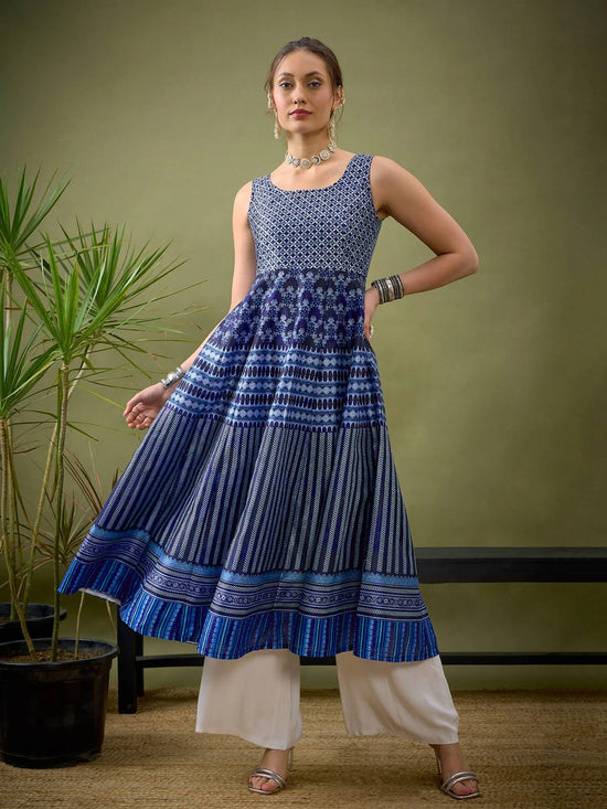 Women Indigo Floral Geo Print Anarkali Maxi