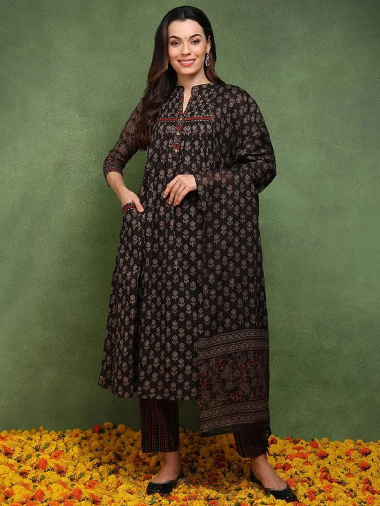 Ahika Women Brown Pure Cotton Ethnic Motifs Printed A-Line Kurta Trouser With Dupatta