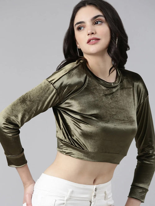 Round Neck Regular Sleeves Solid Blouson Olive Crop Top-AE-10666-Olive