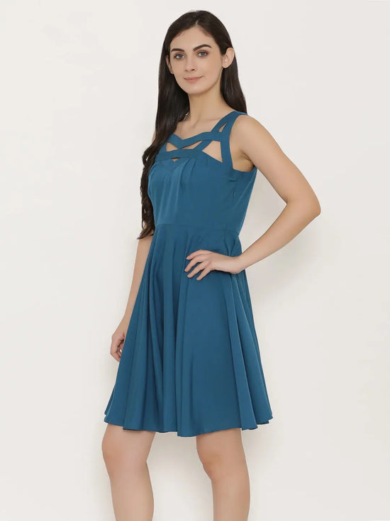 Cutout neck skater dress in Teal Blue