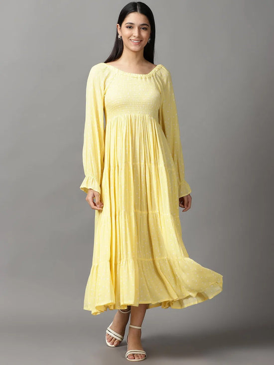 Women's Yellow Polka Dots Fit and Flare Dress-ON-594-Yellow