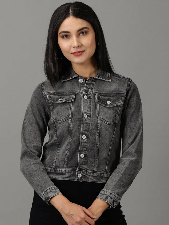 Women's Grey Solid Denim Jacket-AE-5499-Grey