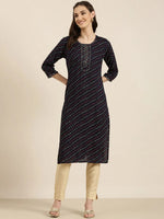 Women Navy Blue Printed Straight Kurta-HO-2797-Navyblue