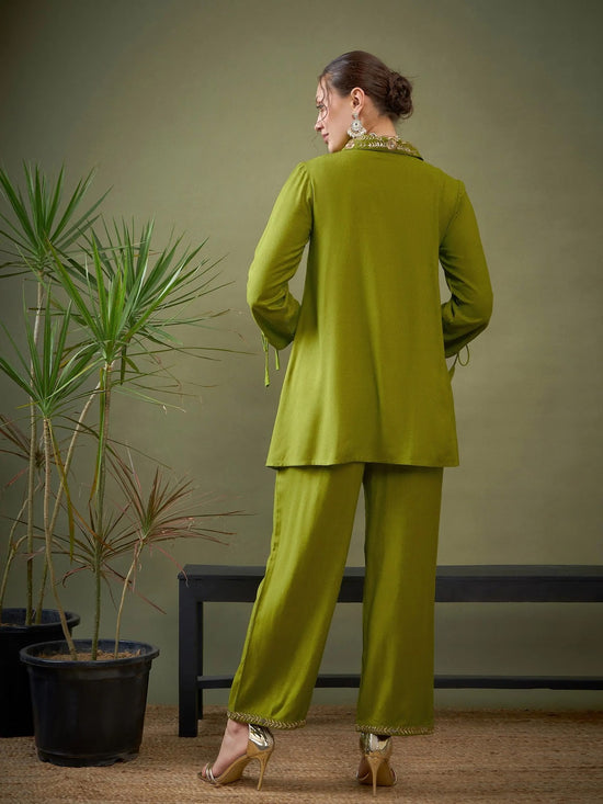 Women Green Collar Embroidered Shirt With Palazzos