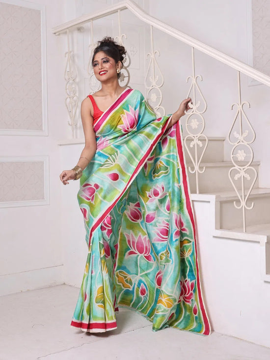 Sea Green Lotus Hand Painted Pure Silk Handwoven Soft Saree-MA64SL3000061