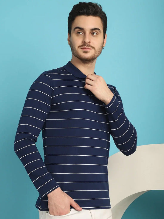 Venitian Men Striped Polo Neck Full Sleeves Blue T-Shirt Wih Pocket