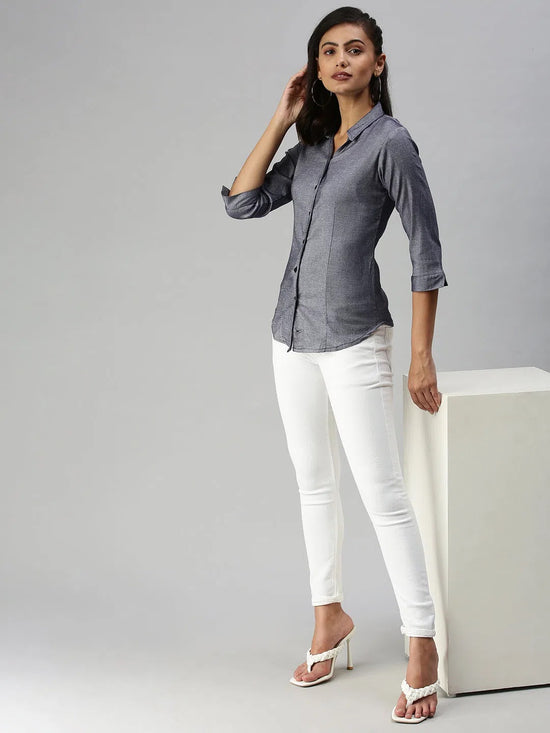 Women's Blue Solid Shirt-AE-5550176-Navyblue