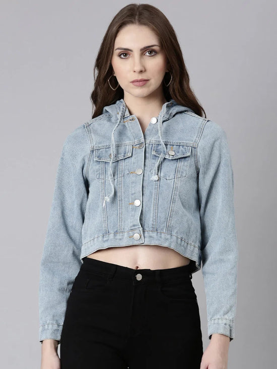 Women Blue Solid Denim Jacket-CHN-369-Blue