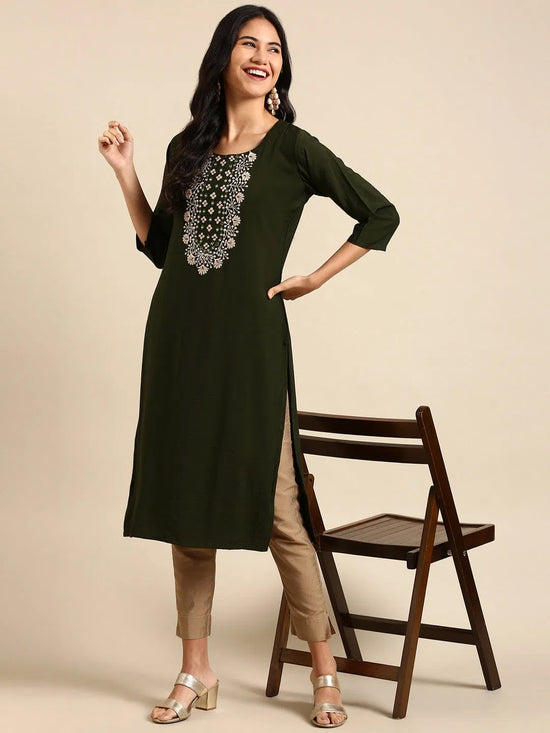 Women's Green Printed Straight Kurta-SKC-812-Olive