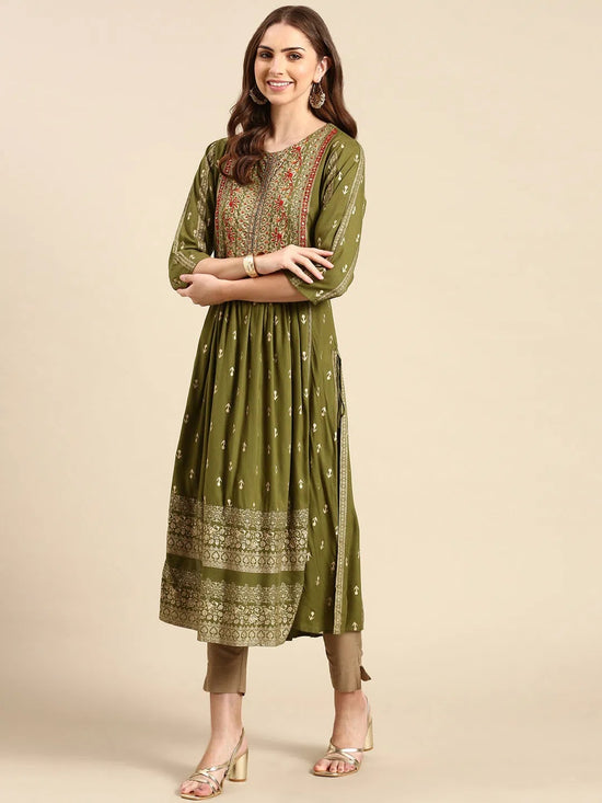 Women's Olive Printed Anarkali Kurta-GW-3372-Olive