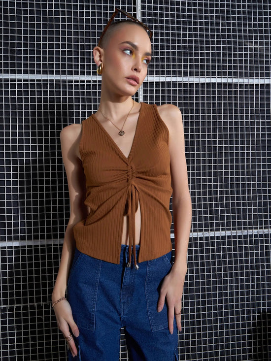 Women Brown Rib Front Ruched Top