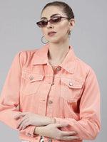 Women Peach Solid Denim Jacket-GZ-5598-Peach