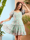 Women Sea Green Floral Sweetheart Neck Short Skater Dress