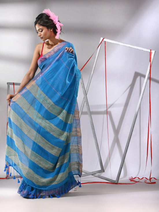 Blue Cotton Saree With Sequined Work-MA55CT06540005