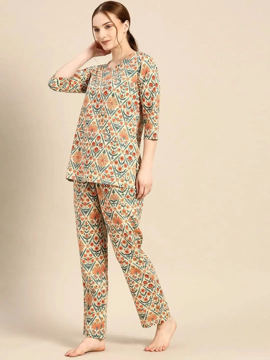 Kurta with Pyjama Set in Floral Block Print