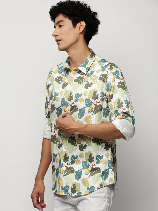 Men Green Floral Shirt-PRISM-M204-1607-Green