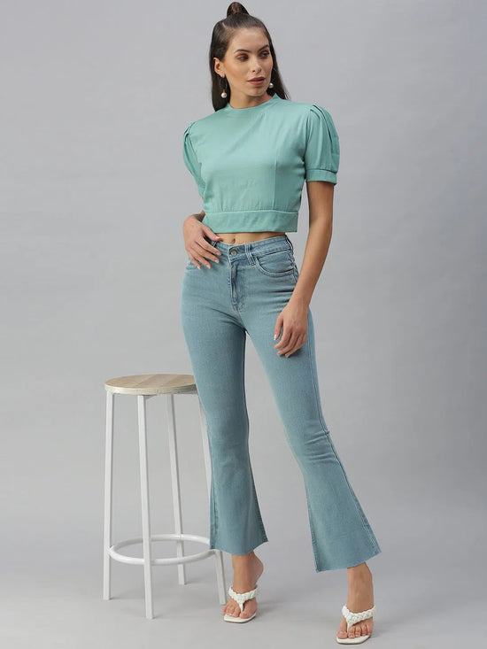 Women's Sea Green Solid Crop Tops-AE-10293-Seagreen