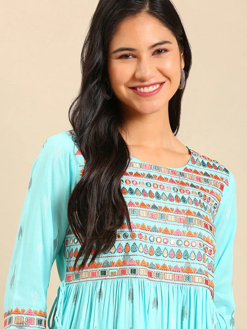 Women's Blue Printed A-Line Kurta-GW-3392-Blue