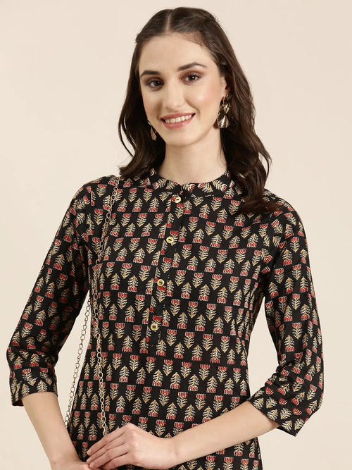 Women Black Floral Straight Kurta-RJF-025-Black