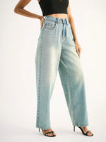 Women Blue Whisker Faded Wide Leg Jeans