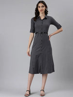 Women Grey Solid A-Line Dress-DF-4784-Grey